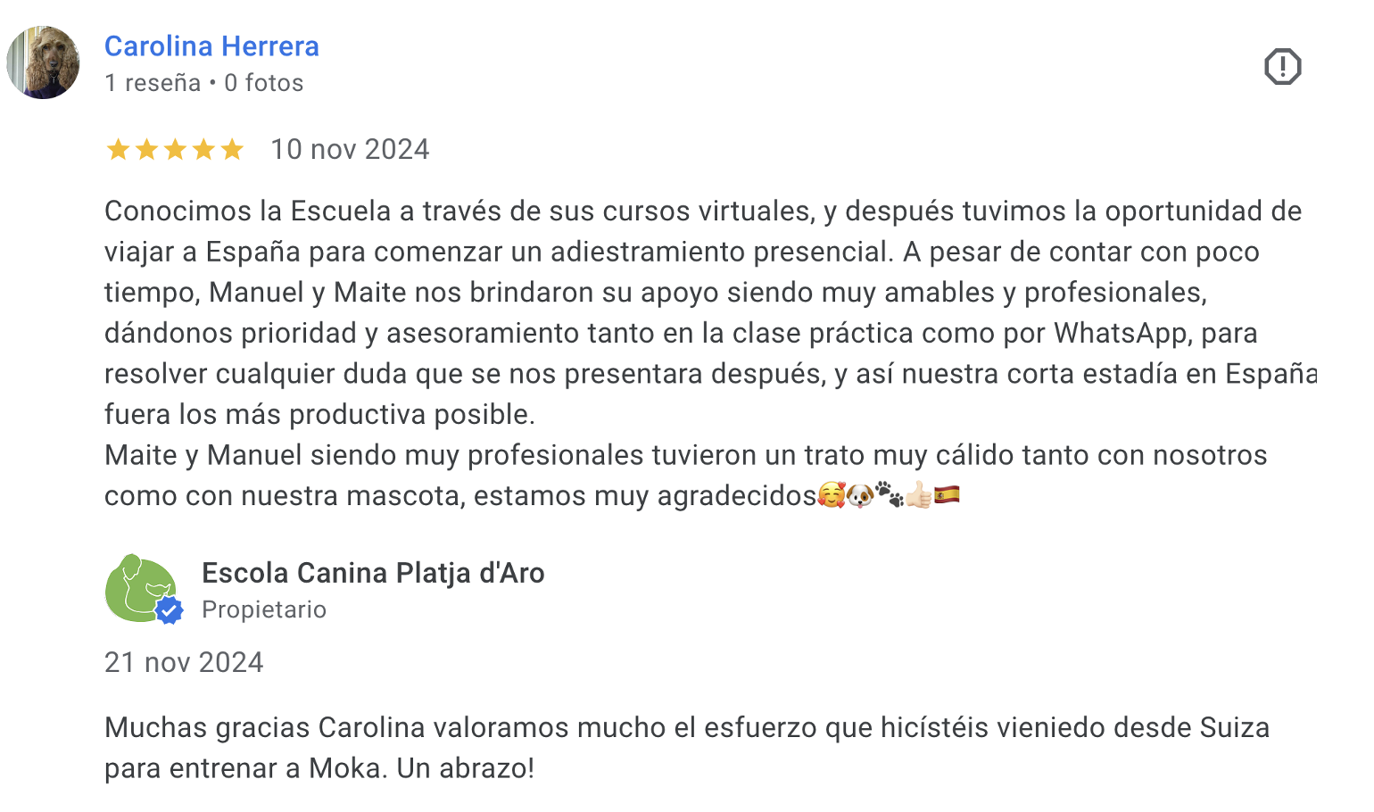Testimonio de cliente de educación canina presencial — familia de Málaga
