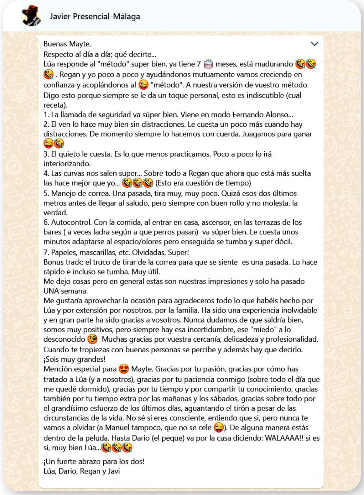 Testimonio de cliente de educación canina presencial — familia de Málaga